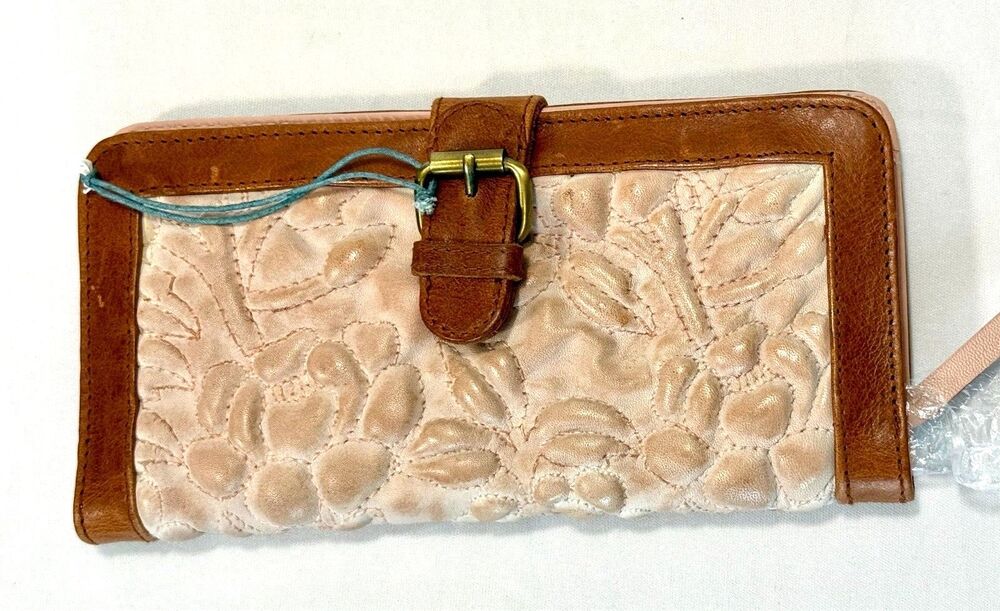 Anabaglish Leather Wallet Blush Pink Brown Embossed Floral Boho Buckle Women
